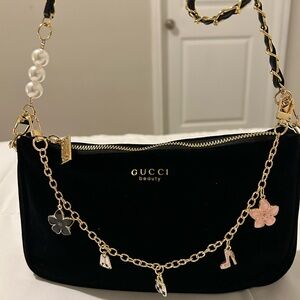Gucci VIP Black Velvet Clutch with Gold Chain and Charms